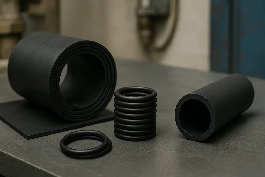 Peças de borracha Viton em cima de uma mesa